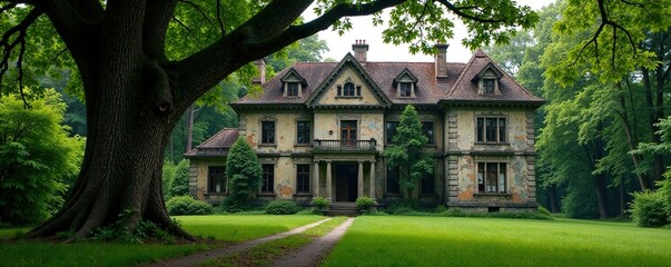 Wall Mural - Faded mansion facade with a massive tree near it, wild life, greenery, forest floor