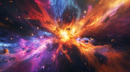 Wall Mural - a cosmic explosion with streaks of red, orange, purple, and blue nebulae