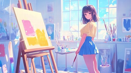 Poster - Artistic workspace featuring colorful paint palette brushes and an easel in bright natural light. Generative AI