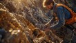 © PICK YOUR POV - A miner examines rock formations, collecting samples in a sunlit outdoor setting.