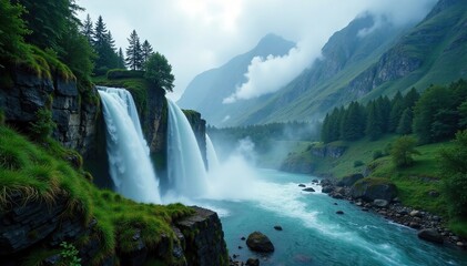 Wall Mural - Misty waterfall in a misty mountain environment, atmospheric, serenity, landscape