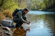 © miss irine - Man collects water sample from river. Biologist studies water quality. Researcher analyzes river ecosystem. Uses container for examination. Outdoors ecologist takes sample from stream. Scientific eco