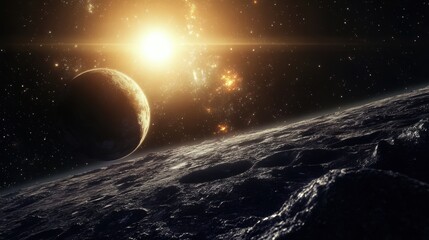 Wall Mural - a distant planet with a bright star and a rocky surface