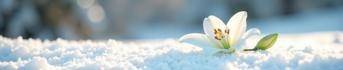 Canvas Print - Delicate white lily blooms on pure snowy surface, serenity, snow