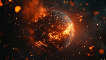 Wall Mural - Burning planet in space with fiery surface and cosmic dust.