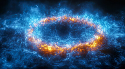 Poster - A glowing blue circle of light surrounded by mist, creating a futuristic and ethereal atmosphere