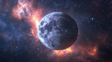 Wall Mural - a solitary, cratered moon against a backdrop of stars and nebulae