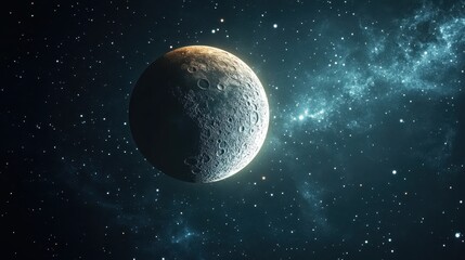 Wall Mural - a large, cratered moon in a dark sky with stars and a galaxy