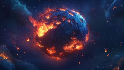 Wall Mural - Fiery planet engulfed in flames, cosmic debris, dark space.