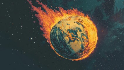 Wall Mural - Fiery Earth engulfed in flames, cosmic backdrop.