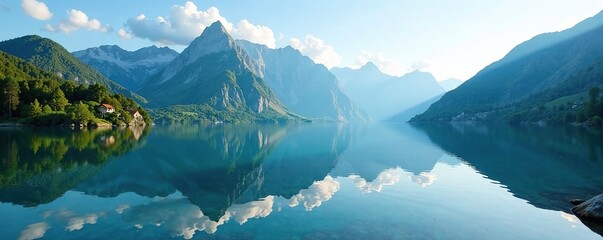 Wall Mural - Serene mountain lake reflected in calm waters of lagoon, tranquility, reflection, sea