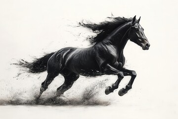 dynamic minimalist black horse silhouette in full gallop with dramatic shadow effect capturing power and motion in contemporary art style