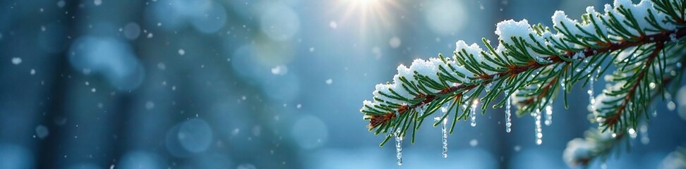 Sticker - Icy pine branch adorned with sparkling white icicles, branches, winter, pine