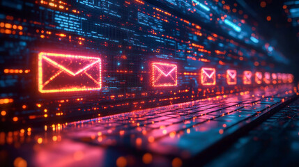 Poster - Bright red email icons displayed on a digital interface, emphasizing communication and messaging in the modern era