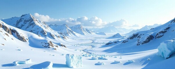 Wall Mural - snowy arctic hills and valleys with scattered ice formations, hills, frosty