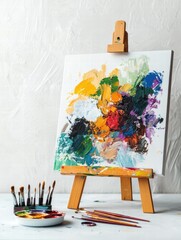 Poster - Artistic workspace showcasing colorful paint palette, brushes, and easel with vibrant canvas creation process. Generative AI
