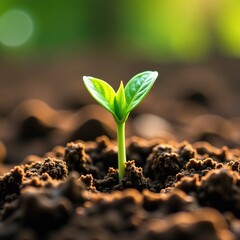 Wall Mural - Delicate green shoot emerging from soil surface, garden details, nature, underground growth