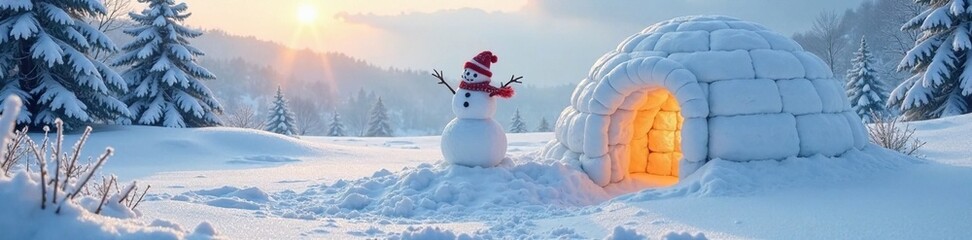 Wall Mural - A frosty morning scene with an igloo and snowman in a blanket of freshly fallen snow, fresh, frosty morning, igloo