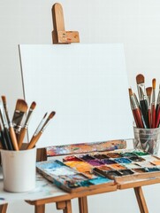 Poster - Creative workspace filled with colorful paint supplies and an empty easel ready for artistic expression. Generative AI