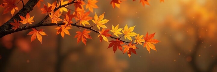 Wall Mural - A sprawling branch with maple leaves and branches in shades of gold against a muted brown background, maple branch, brown