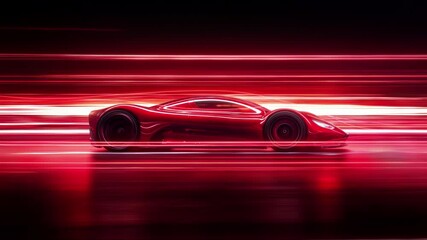 Poster - Side view of speeding sleek red sports car on neon highway. Powerful acceleration of a supercar on a night track with neon lights and trails. 3d animation