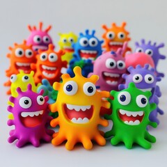 Poster - Bright cheerful microbes with eyes and smiles in a colorful group displaying joy and playfulness. Generative AI