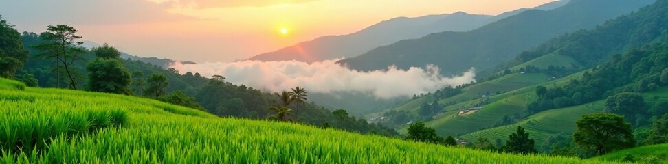 Sticker - Rice fields and green trees on a misty mountain morning, mountain, sunrise