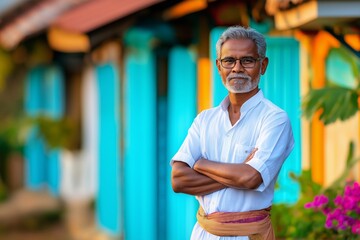 confident indian man in traditional attire standing in front of colorful rural house