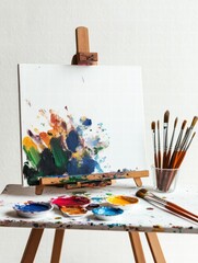 Poster - Art workspace featuring vibrant palette, brushes, and easel immersed in creative expression and inspiration. Generative AI