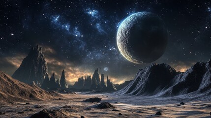Wall Mural - a dark, rocky exoplanet under a night sky with a large moon and galaxies