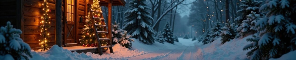 Wall Mural - Wooden ladder with Christmas lights and snowflakes on sides, snowy, seasonal