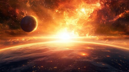 Wall Mural - a fiery cosmic dawn over a distant planet