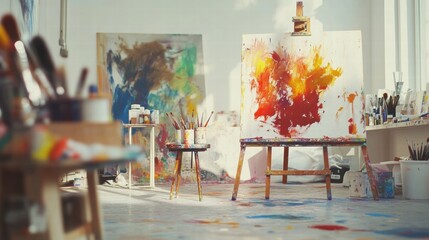 Poster - Creative artistic workspace with vibrant paint palette, brushes, and easel ready for artistic expression. Generative AI