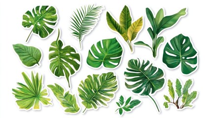 Tropical leaves collection, design elements, white background, crafting