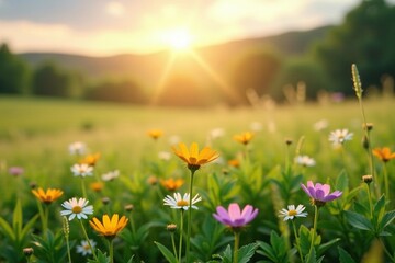 Wall Mural - Sunny morning with dew on wildflowers in the meadow, landscape, sky