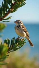 Wall Mural - A song sparrow perches on a coastal evergreen tree branch with sea grass below, sea grass, nature, songsparrow