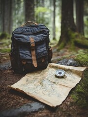 Fototapete - Exploring nature with a backpack compass and map in a serene forest setting during daylight. Generative AI