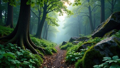 Wall Mural - Misty forest floor under ancient mountain trees, boulders, foliage, woodland