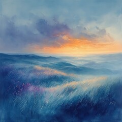 Wall Mural - Sunset landscape, rolling hills,  grassy foreground.