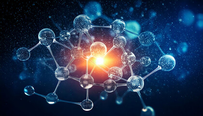 Poster - stunning abstract image of a molecule structure, glowing with vibrant colors against a dark backgrou