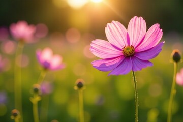 softly glowing mauve cosmos petals unfurl in the warm sunlight amidst the tall grass, mauve, garden,