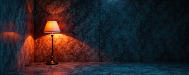 Wall Mural - A solitary lamp casts an eerie glow on the dark marble wall behind it, eerie, darkness