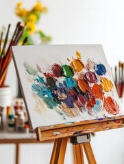 Poster - Creative workspace featuring colorful paint palette and brushes on easel in bright artistic environment. Generative AI