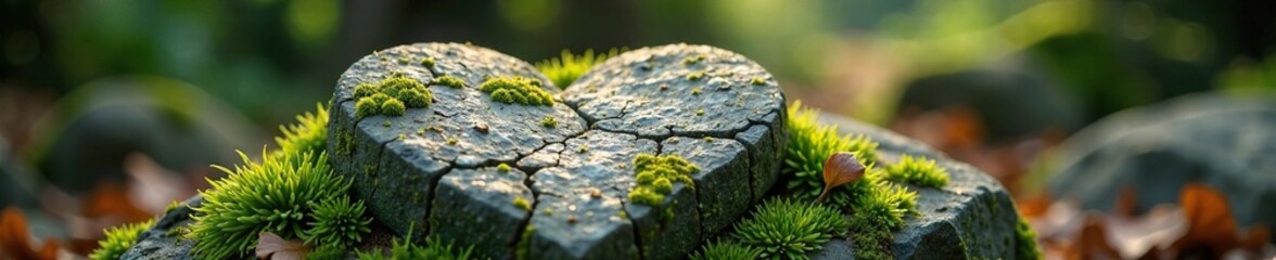 Stone heart shape with moss and lichen growing on it, nature, stone, organic