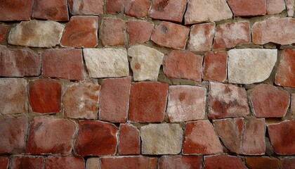 Poster - close-up of irregular red sandstone wall with unevenly shaped blocks and rough texture, ideal for architectural background and rustic designs


