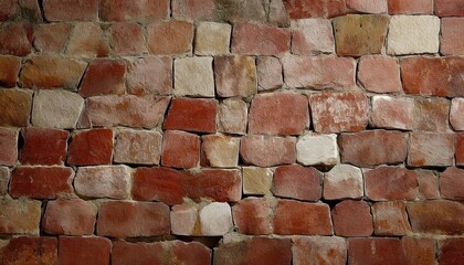 Poster - close-up of irregular red sandstone wall with unevenly shaped blocks and rough texture, ideal for architectural background and rustic designs

