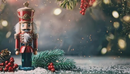 Poster - festive red nutcracker soldier with evergreen branch in snowfall, sparkling holiday bokeh lights, perfect for christmas themes

