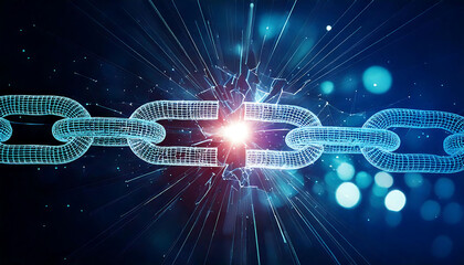 stunning abstract image of a digital chain breaking apart, showcasing a vibrant blue and dark backgr