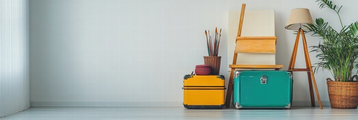 Poster - Colorful artistic workspace with easel, brushes, and vibrant paint palette ready for creative expression. Generative AI
