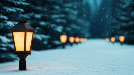 Wall Mural - A serene winter scene featuring glowing lanterns lining a snowy path amidst evergreen trees in a tranquil, atmospheric setting.